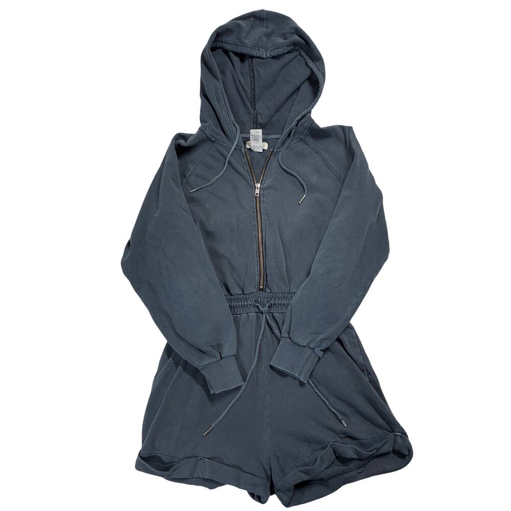 L*Space Stay Cool Romper Womens Small Navy Blue Hooded Drawstring French Terry